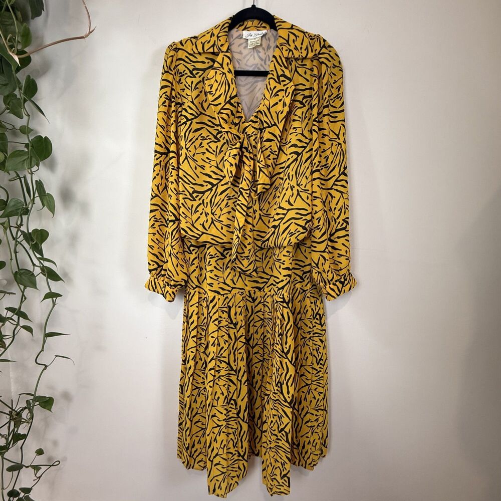 Vintage 90s Mustard Yellow Abstract Animal Print Tie Neck Drop Waist Midi Dress